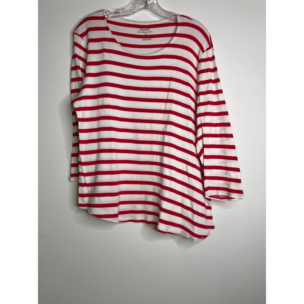 Chicos Pullover The Ultimate Tee Size 3 White Red Stripes 100% Cotton Casual